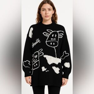 Whimsical Cow Graphic Knit Sweater • Black & White Oversized Farmcore Pullover‎